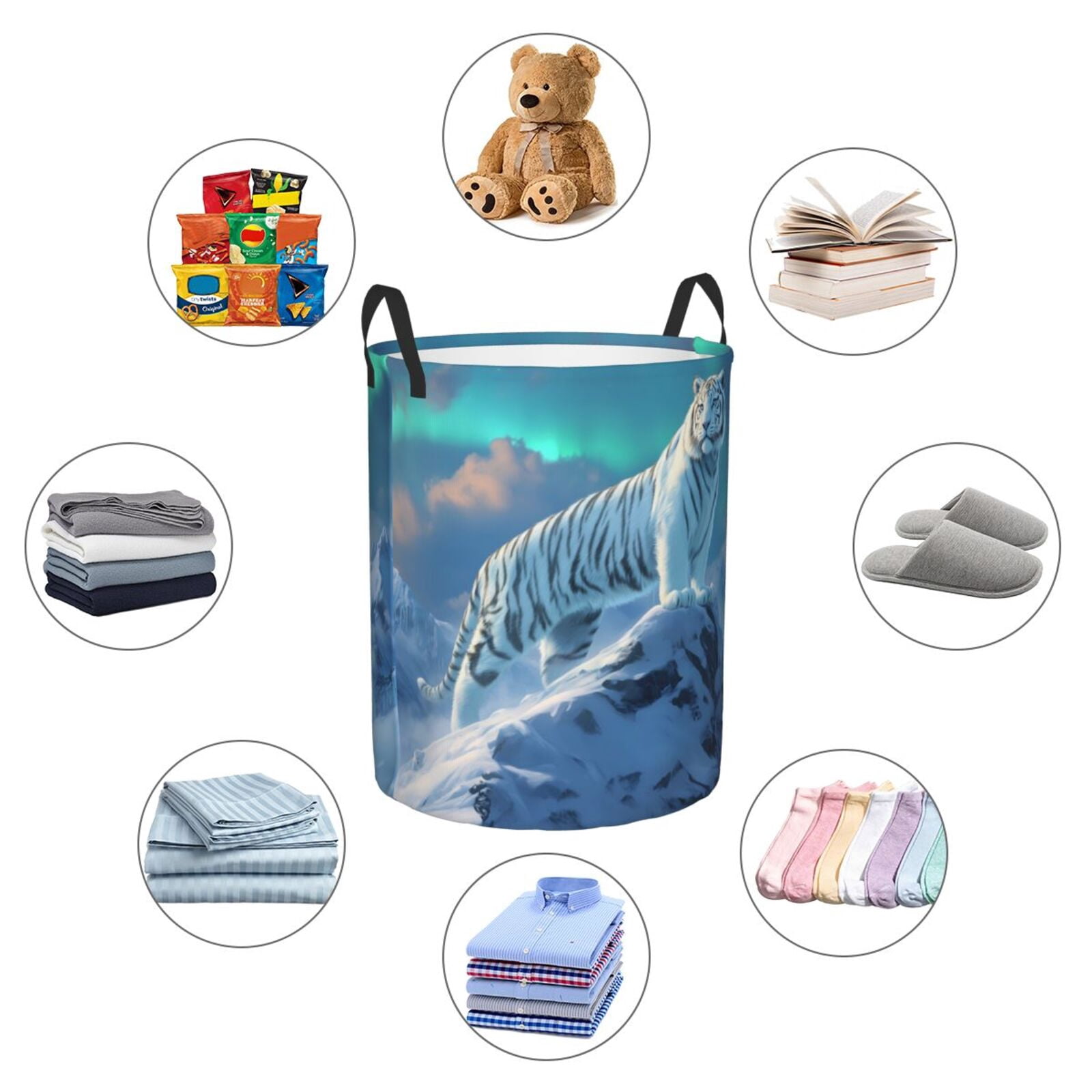 Large Laundry Basket with Handles - Majestic White Tiger Snow Peak Kids Baby Dirty Clothes Laundry Hamper for Bedroom Aesthetic