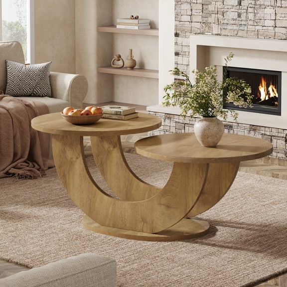 Finmind Round 2-Tier Coffee Table, U-Shaped Farmhouse Design, Living Room Cocktail Table, Ideal for Home & Apartment, Natural