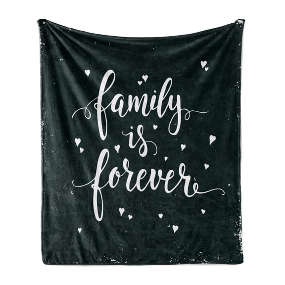 Family Soft Flannel Fleece Throw Blanket, Family is Forever Hand Drawn Typography with Little Hearts Poster Style, Cozy Plush for Indoor and Outdoor Use, 70" x 90", Black and White, by Ambesonne