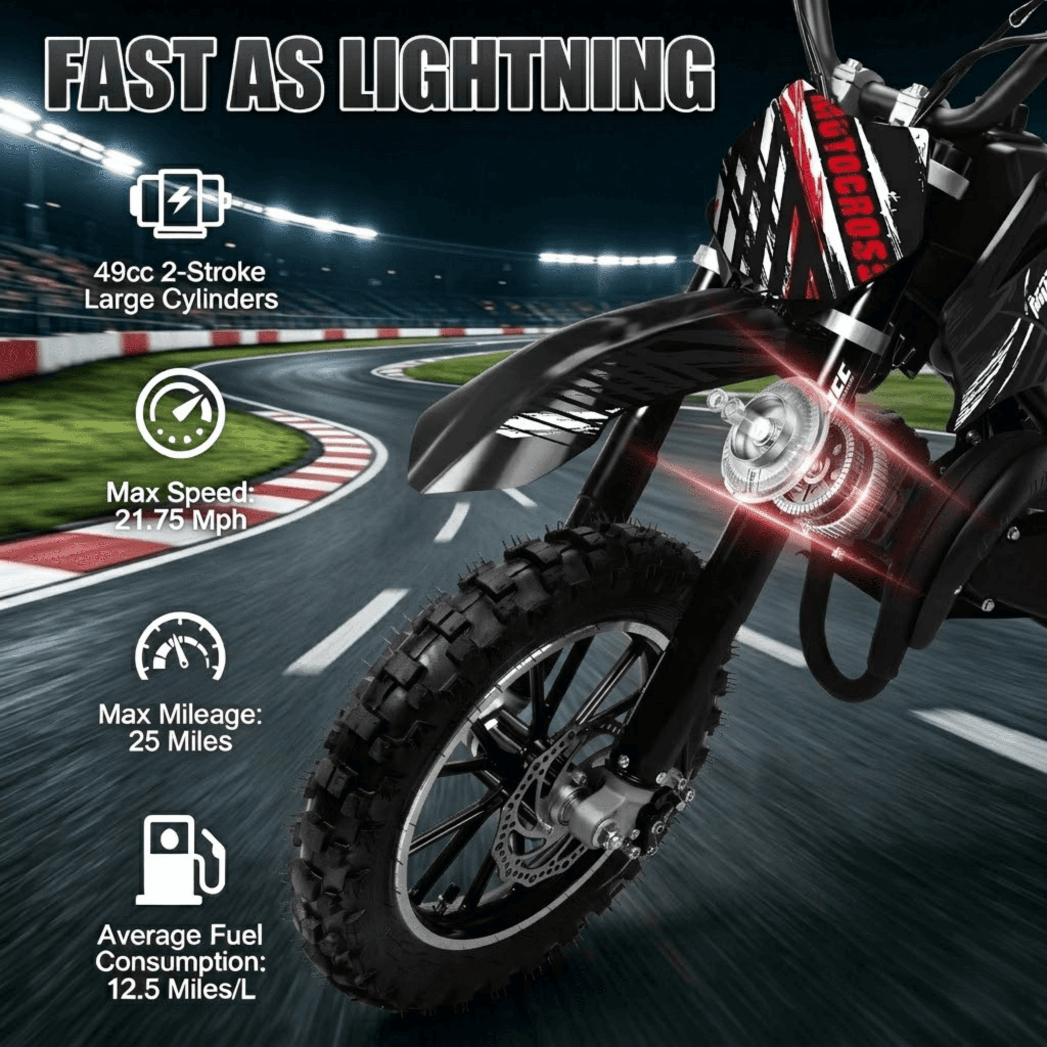 Ktoebyco 49cc Kids Mini Dirt Bike, 2-Stroke Gas-Powered Motorcycle, 1.5L Fuel Capacity, Black