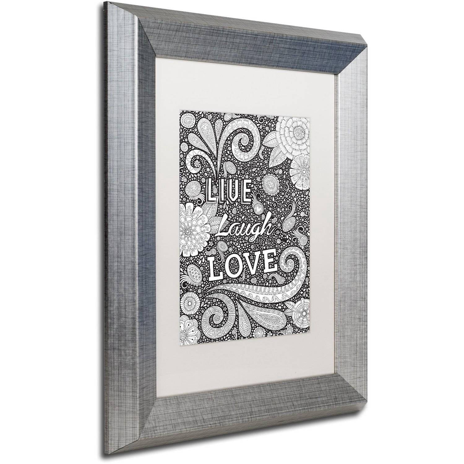 Trademark Fine Art "Live Laugh Love Black" Canvas Art by Hello Angel, White Matte, Silver Frame
