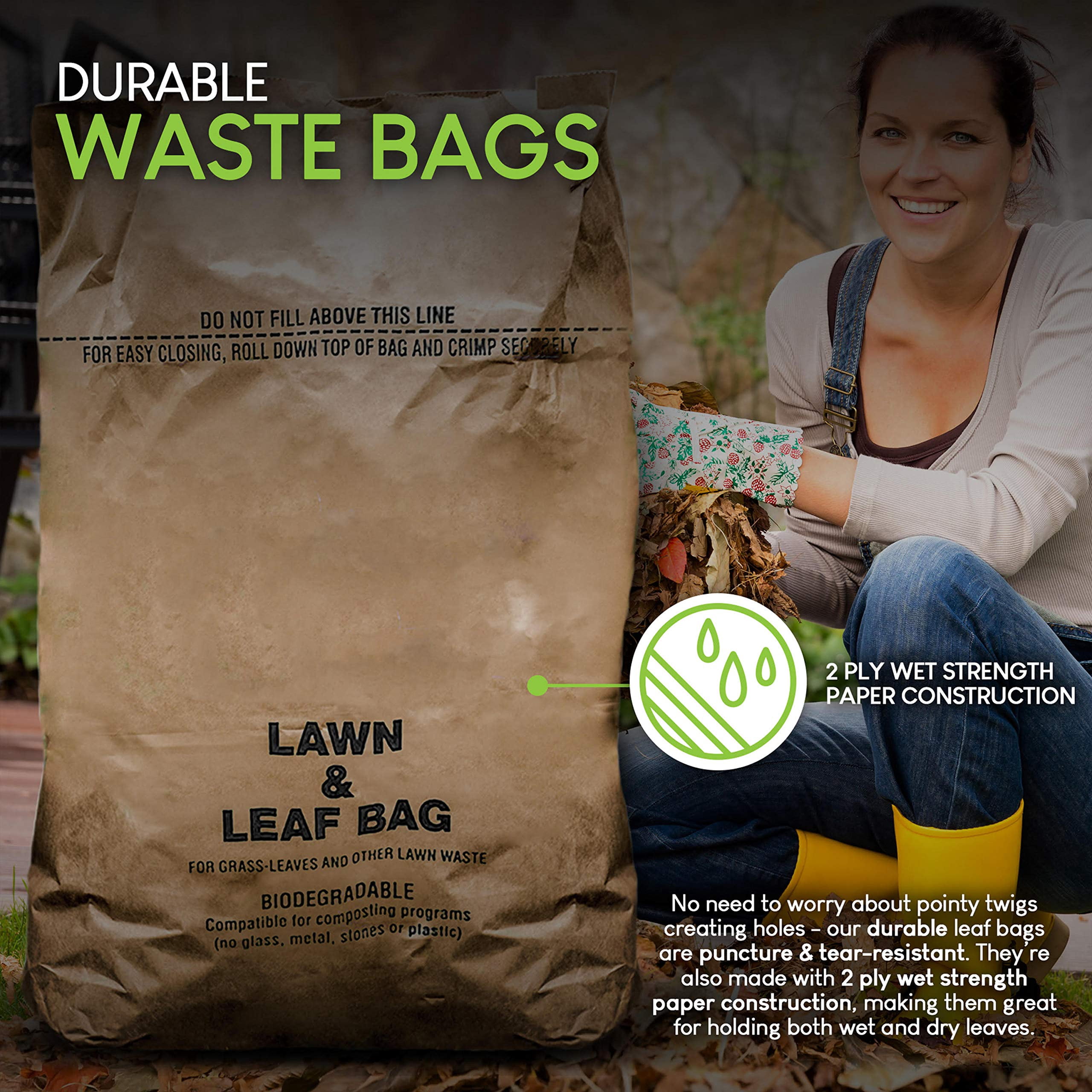 30 Gallon Kraft Lawn and Leaf Bags (10 Pack) Eco-Friendly Heavy Duty Large Paper Trash Bags, Tear Resistant Yard Waste Bags for Grass Clippings, Wet and Dry Leaves, Weeds, Twigs