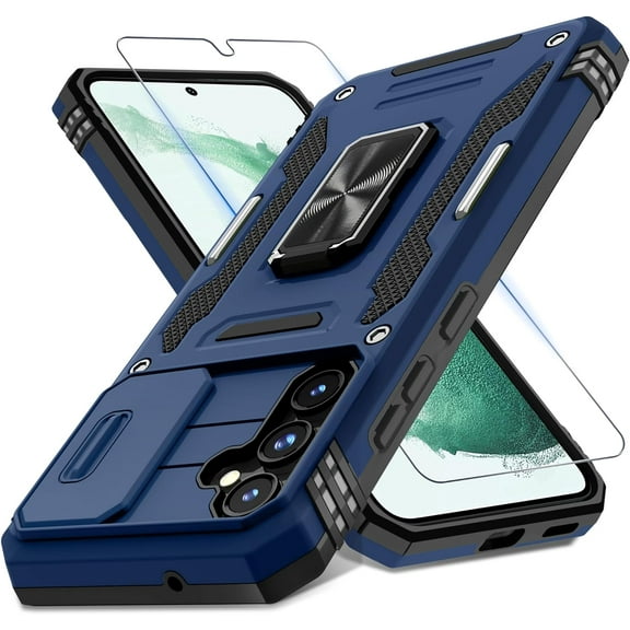 for Samsung Galaxy S23 FE Case with Slide Camera Cover Screen Protector(1 Pack),Rotated Ring Kickstand Military Grade Shockproof Protective Cover-Navy Blue