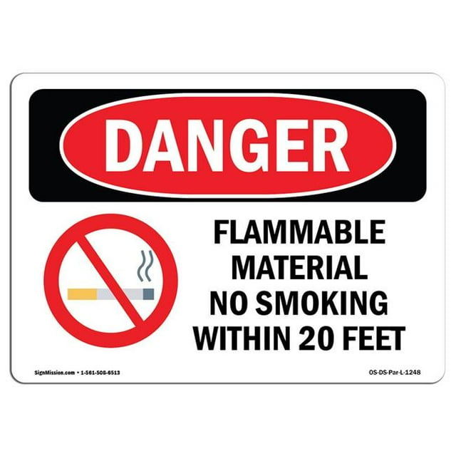 SignMission OS-DS-A-1218-L-1248 12 x 18 Po Signe de Danger OSHA - Matériau Inflammable Ne Pas Fumer dans les 20 Pieds