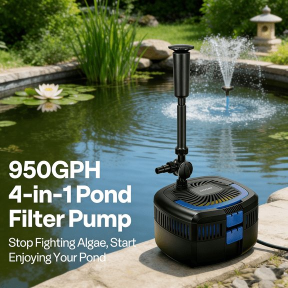 SPECSTAR 4-in-1 Pond Filter System Kits, 950 GPH Water Pump with Filter, Fountain and 13W Light Combo for Ponds up to 1585 Gallons