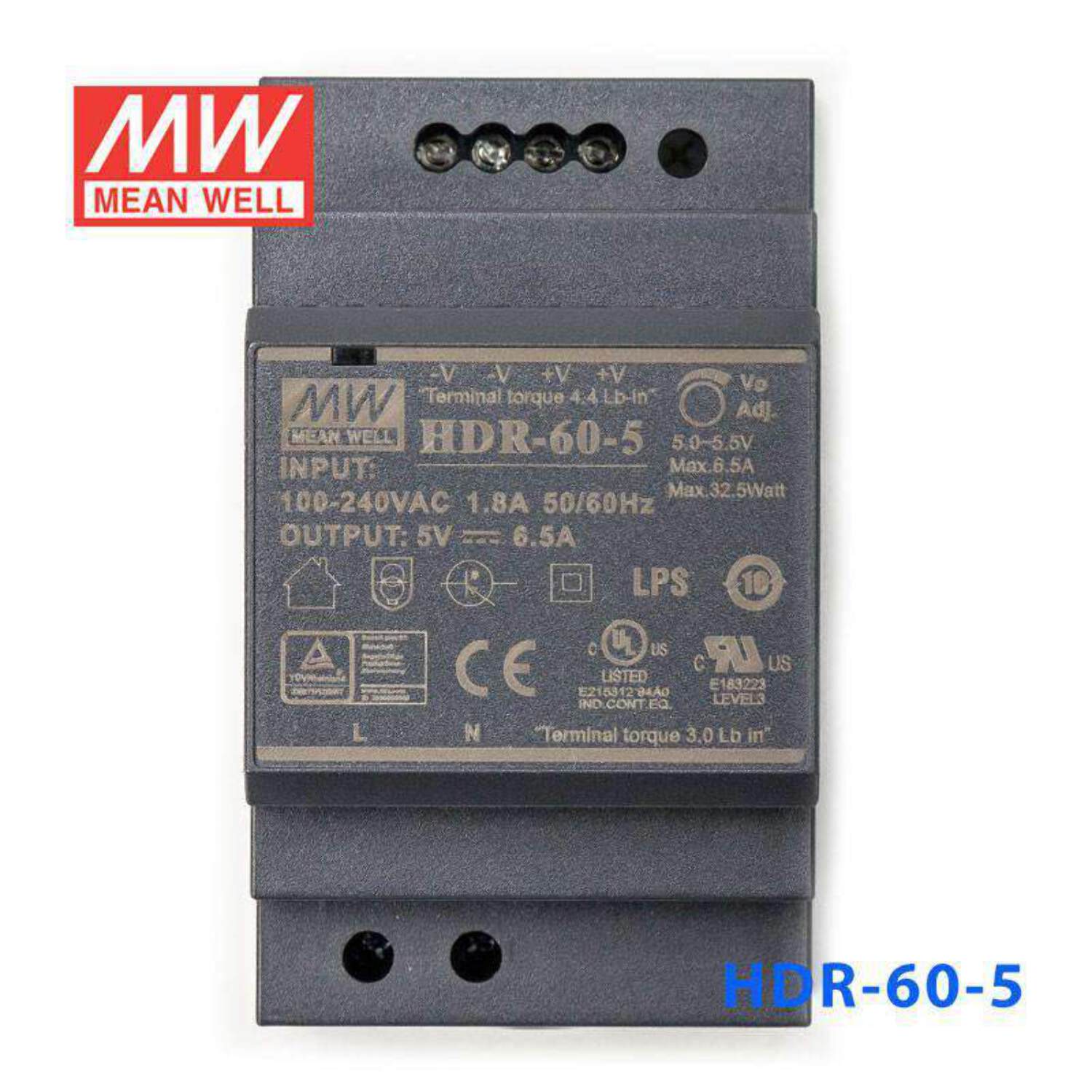 Mean Well HDR-60-5 Ultra Slim Step Shape Power Supply 60W 5V - DIN Rail