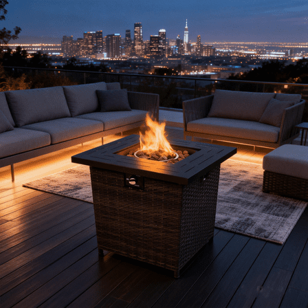 28" Propane Fire Pit Table, 50,000 BTU Square Gas Fire Pit, Heavy-Duty Steel with Lid,Heavy-Duty Steel & Rattan Base, Perfect for Backyard, Patio, Garden & Parties