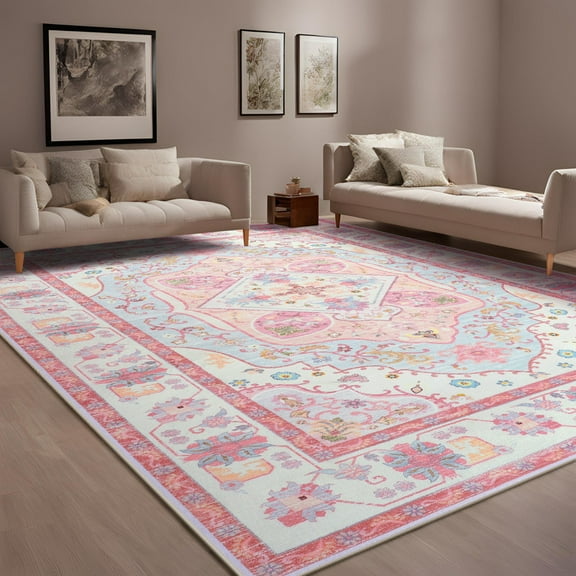 FULIE Bohemian Area Rug 5'x8'Rug Machine Washable for Living Room/Dining Room/Bedroom,Pink