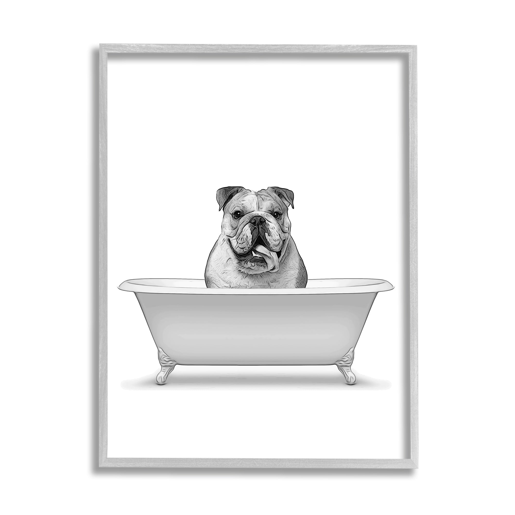 Stupell Industries Bulldog In Tub Bathroom Animal Animals & Insects Painting Gray Framed Art Print Wall Art