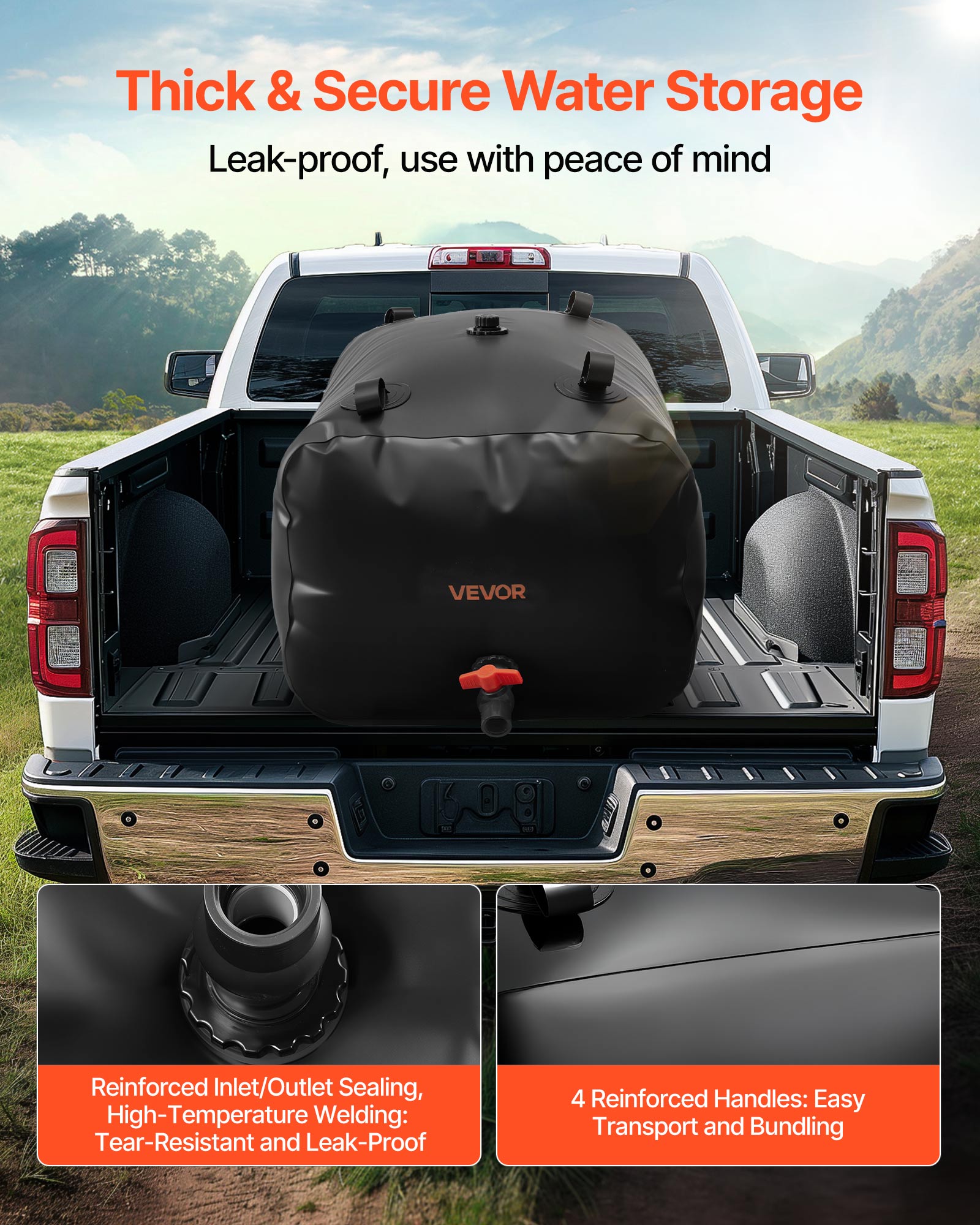 VEVOR Water Storage Bladder, 63.4 Gallon (240L) Water Storage Container Tank, 1000D PVC Large Capacity Soft Bag Bladder, Collapsible Portable for Garden Irrigation,Camping,RVs,Emergency Use - Black
