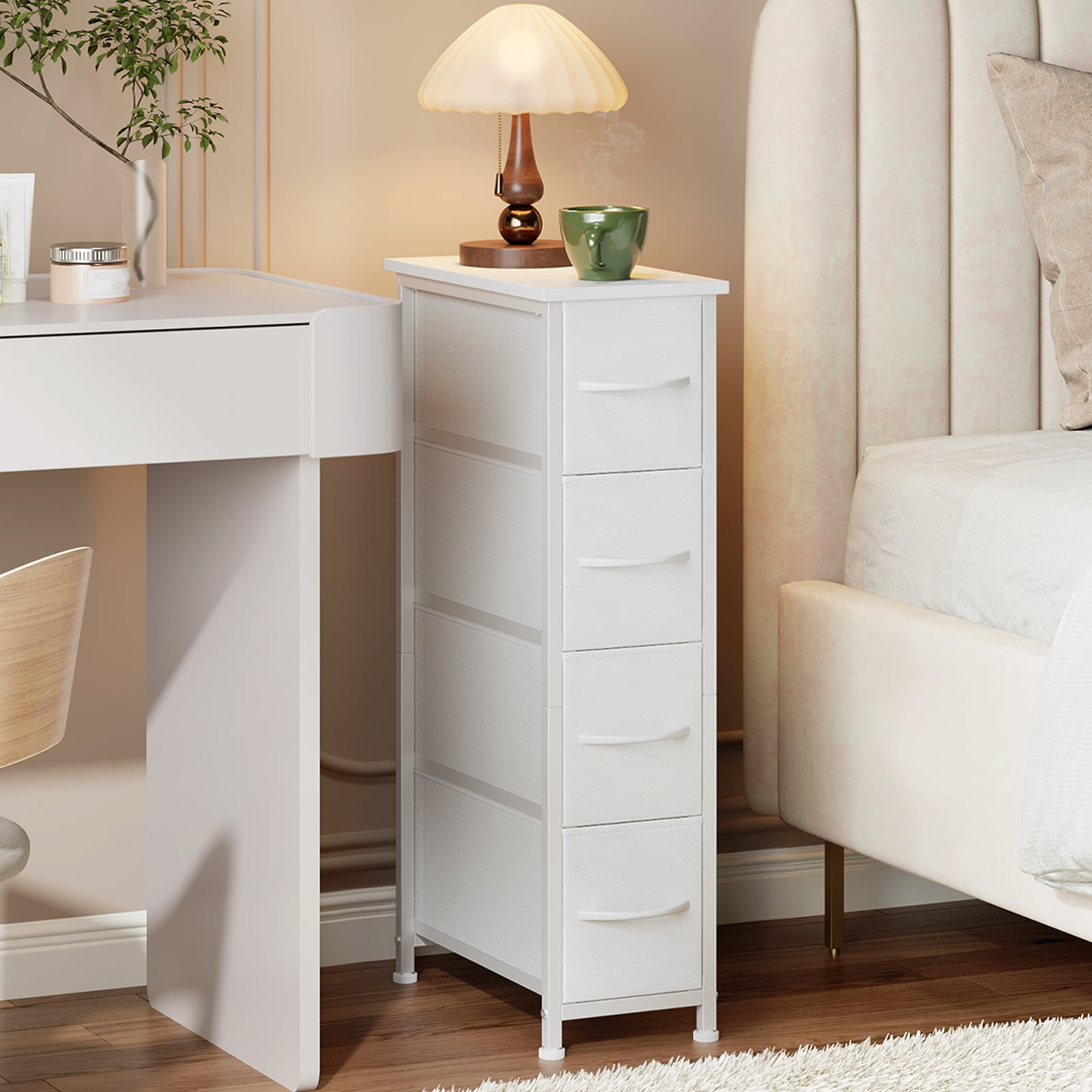 Eunos Narrow Dresser with 4 Slim Drawers for Bathroom Storage Cabinet Hallway, White Leather