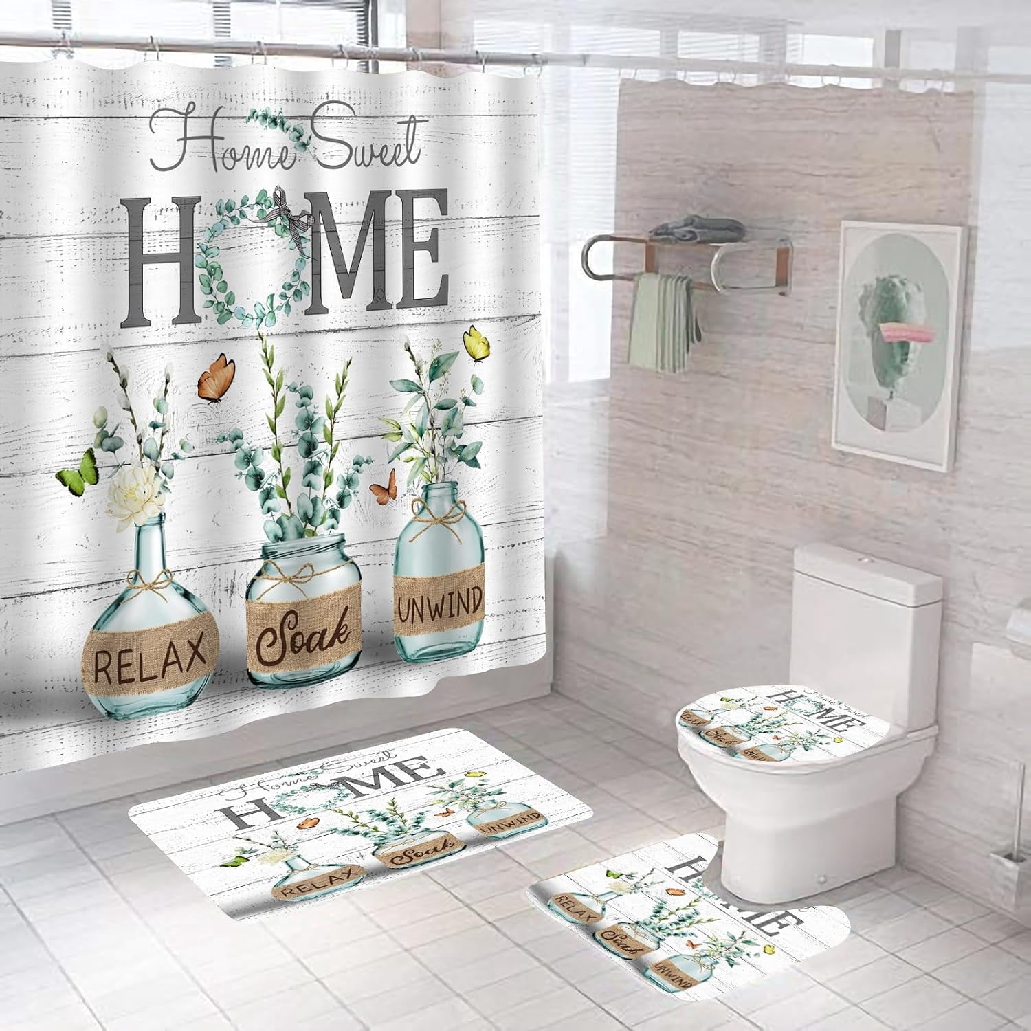 4 PCS Green Eucalyptus Shower Curtain Sets Home Sweet Bathroom Set with Shower Curtain and Rugs and Accessories Farmhouse Country Shower Curtain Bathroom Decor with 12 Hooks 72 X 72 Inch