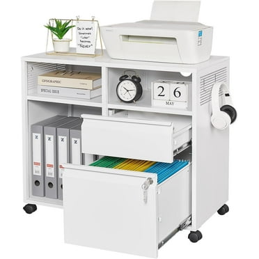 2-Drawer Metal File Cabinet with Lock, Mobile Lateral Filing Cabinet, Printer Stand with Adjustable Storage Shelves for Home Office (White)