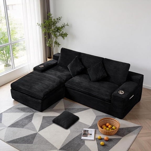 98" Modular Sectional Couches for Living Room, L-Shaped Corduroy Boneless Sofa, Cloud Couch with Deep Seat, Chaise, Cup Holders & Side Pockets (Black)