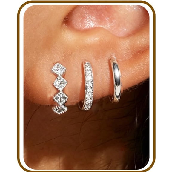 LUNVKY 3 Pairs Hoop Earrings for Women CZ Small Huggie Cartilage S925 Sterling Silver Post Hypoallergenic Earrings Set for Multiple Piercing Birthday Jewelry Gifts Teen Her Adults Ideas