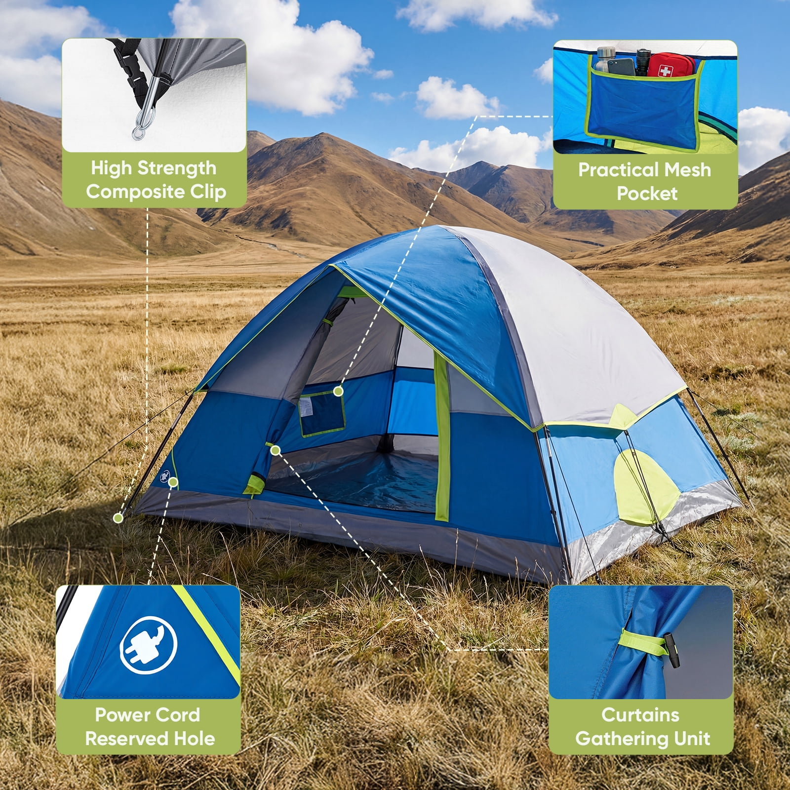 SHOUFTW 4 Person Waterproof Camping Tent with Rainfly, Easy Setup Dome Tent with Mesh Windows & Skylight Vent, Lightweight Portable Tent for Outdoor Camping, Hiking, Festivals & Backyard, Navy Blue