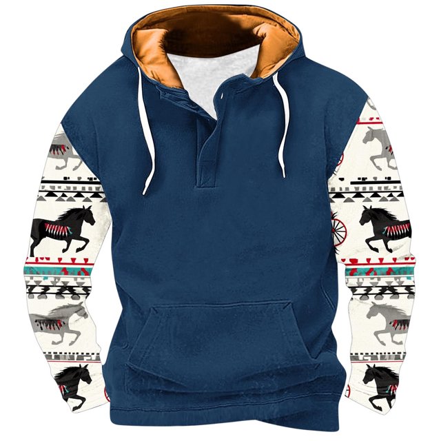 Penkiiy Sweat à Capuche à Manches Longues pour Hommes et Femmes, Imprimé Aztèque 3D, Bleu Foncé