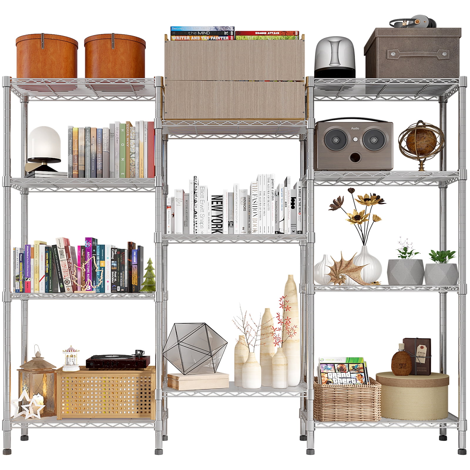 Hassch Multiple Rows Heavy Duty Metal Shelf, NSF Certified Storage Wire Shelving Unit, Adjustable Storage Rack for Garage, Pantry, Kitchen, 62.9"L x 13.78"W x 59.06"H, Silver