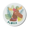 thumbnail image 1 of Saying Mouse Pad for Computers, Happy Cartoon Design Flourish Moose on Exotic Leaves and Aloha Typography, Round Non-Slip Thick Rubber Modern Gaming Mousepad, 8" Round, Multicolor, by Ambesonne, 1 of 2