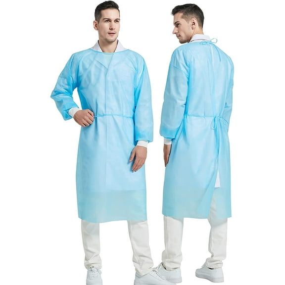 ProtectX (Blue 10 Pack) Disposable Breathable Polypropylene Isolation Gown with Elastic Knit Cuffs, Covered Back, Extra-Long Double Ties, Universal Size