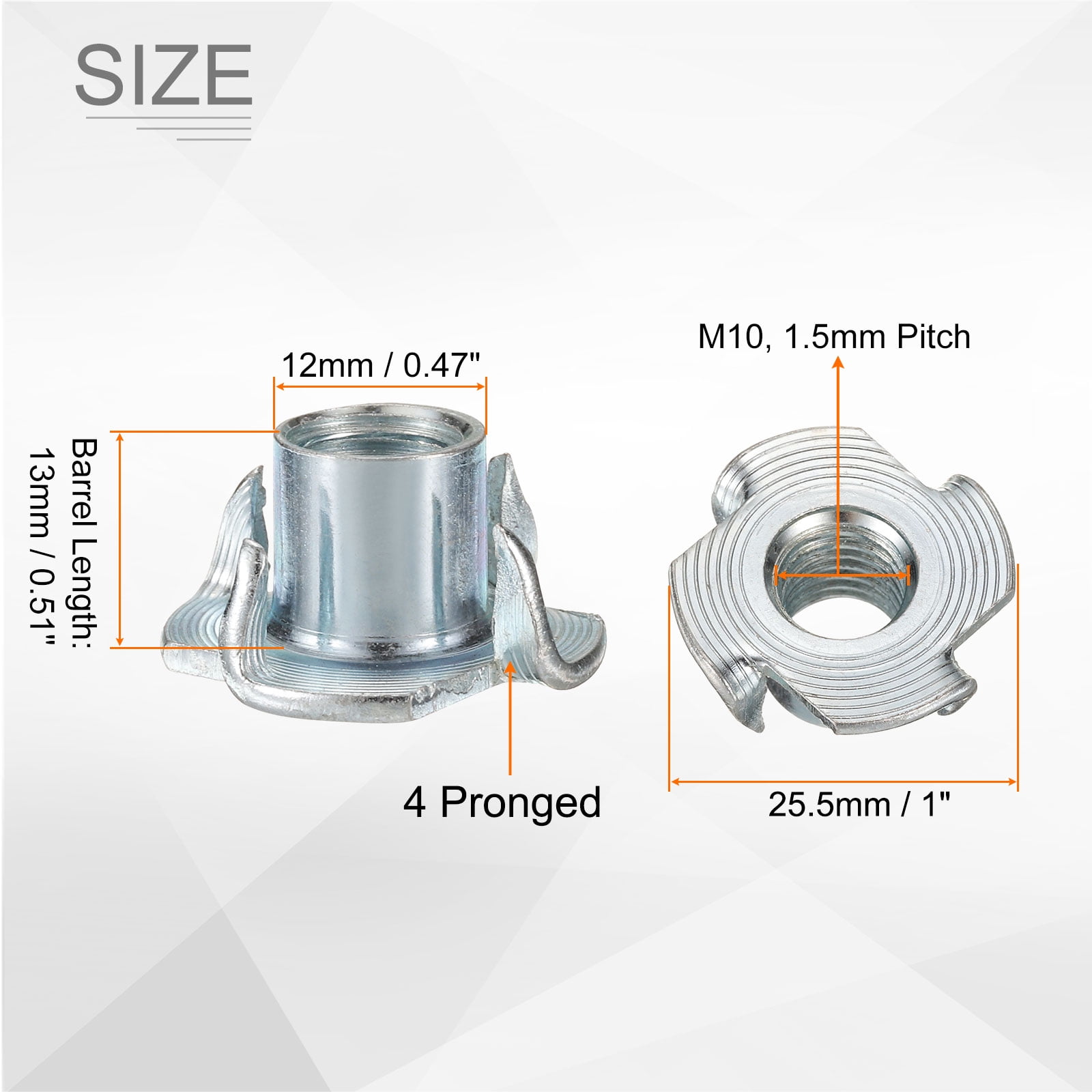 M10x13mm T-Nuts 4 Pronged 0.96" x 0.51" Tee Nut Carbon Steel Fully Thread 100packs