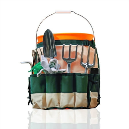 - 5-Gallon Garden Bucket Caddy Apron with 10 Deep Pockets for Gardening Tools