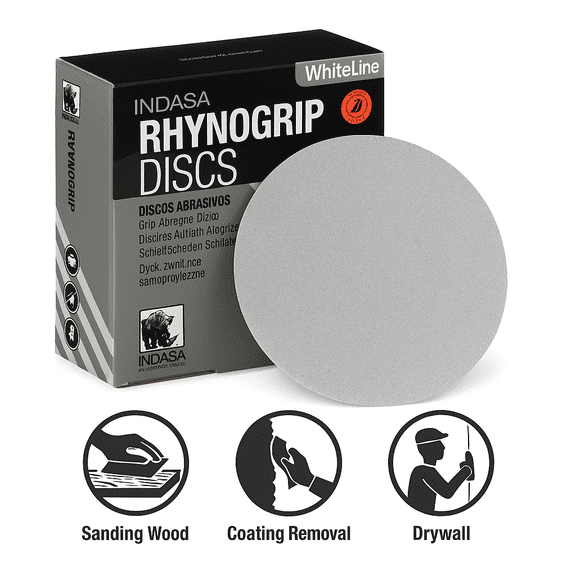 Indasa 5" Hook and Loop Sanding Discs, 220 Grit, 50 Count - Rhynogrip White Line (52 Series)