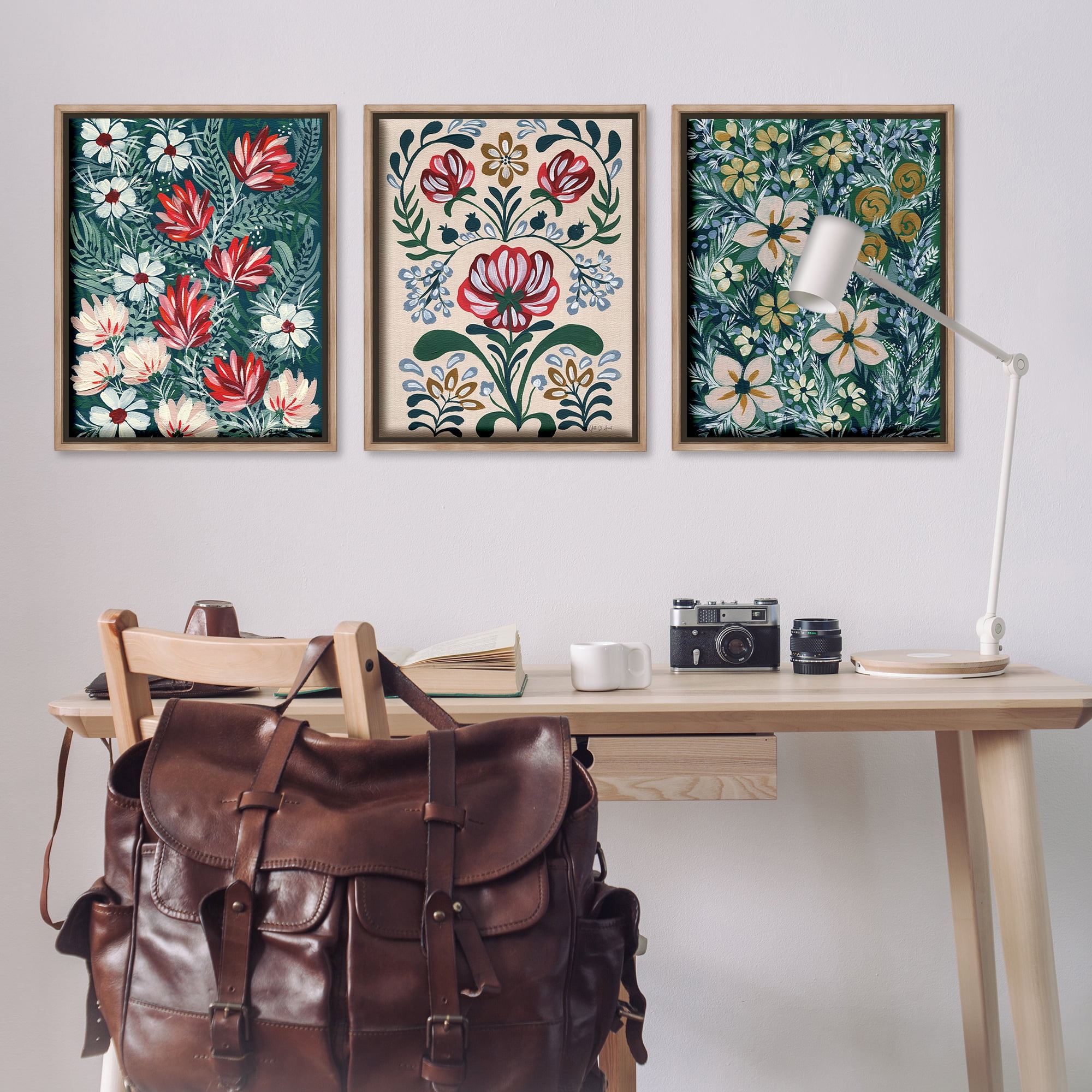 Stupell Industries Boho Folksy Florals Plants & Flowers Painting Brown Floater Framed Canvas Art Print Wall Art, 25 x 31, Set of 3