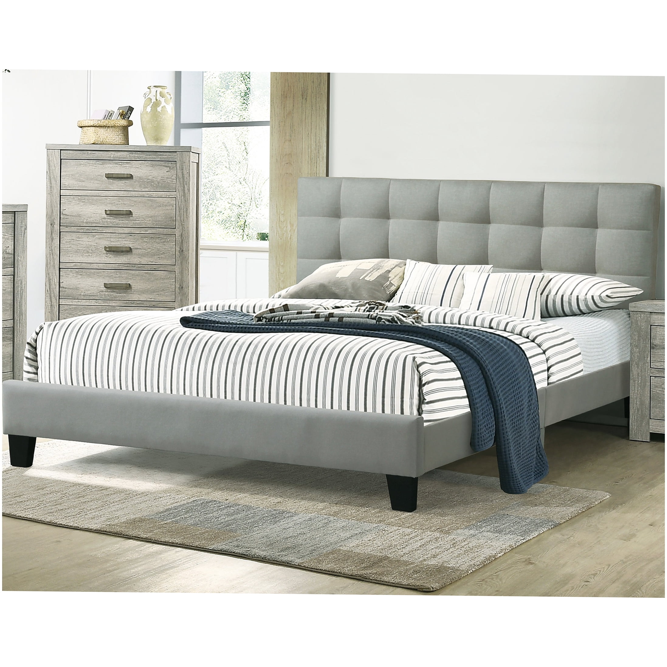 Modern Queen Bed Frame with Upholstered Headboard, Light Grey Fabric Platform Bed, No Box Spring Required