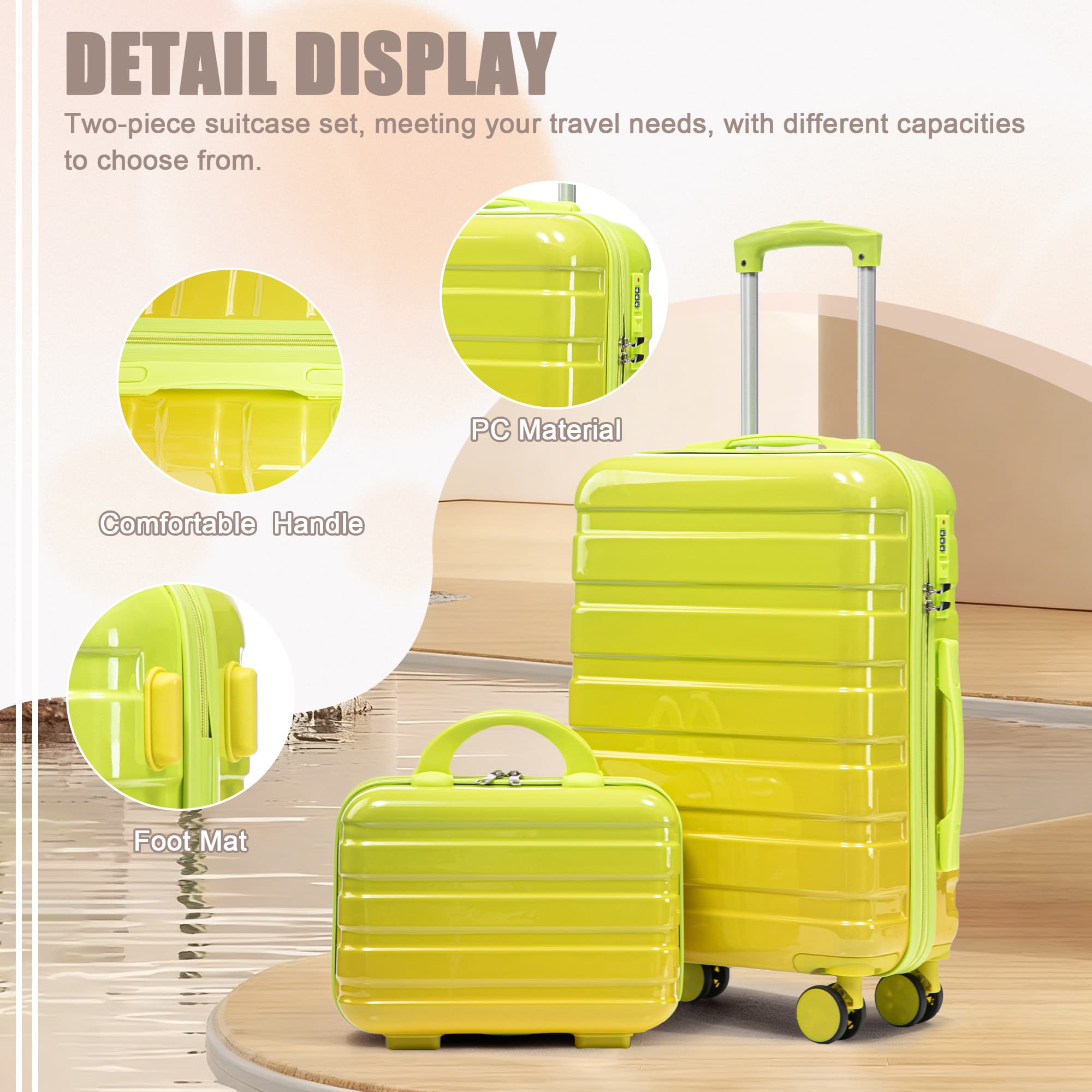 Leumius 2 Piece PC Spinner Wheel Luggage Sets, Hardside Suitcase with Combination Lock, 20 inch Carry On Luggage & 14 inch Cosmetic Case