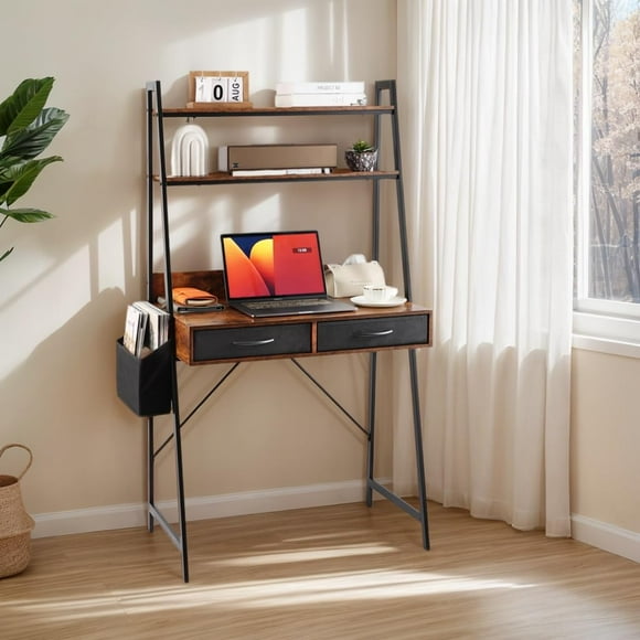 Freestanding Ladder Desks with Power Outlets, Small Home Office Study Reading Desks with 2 Fabric Drawers and Side Bag, 2 Tier Shelf Computer Gaming Desk, Modern Vanity Dressing Makeup Desk, Small