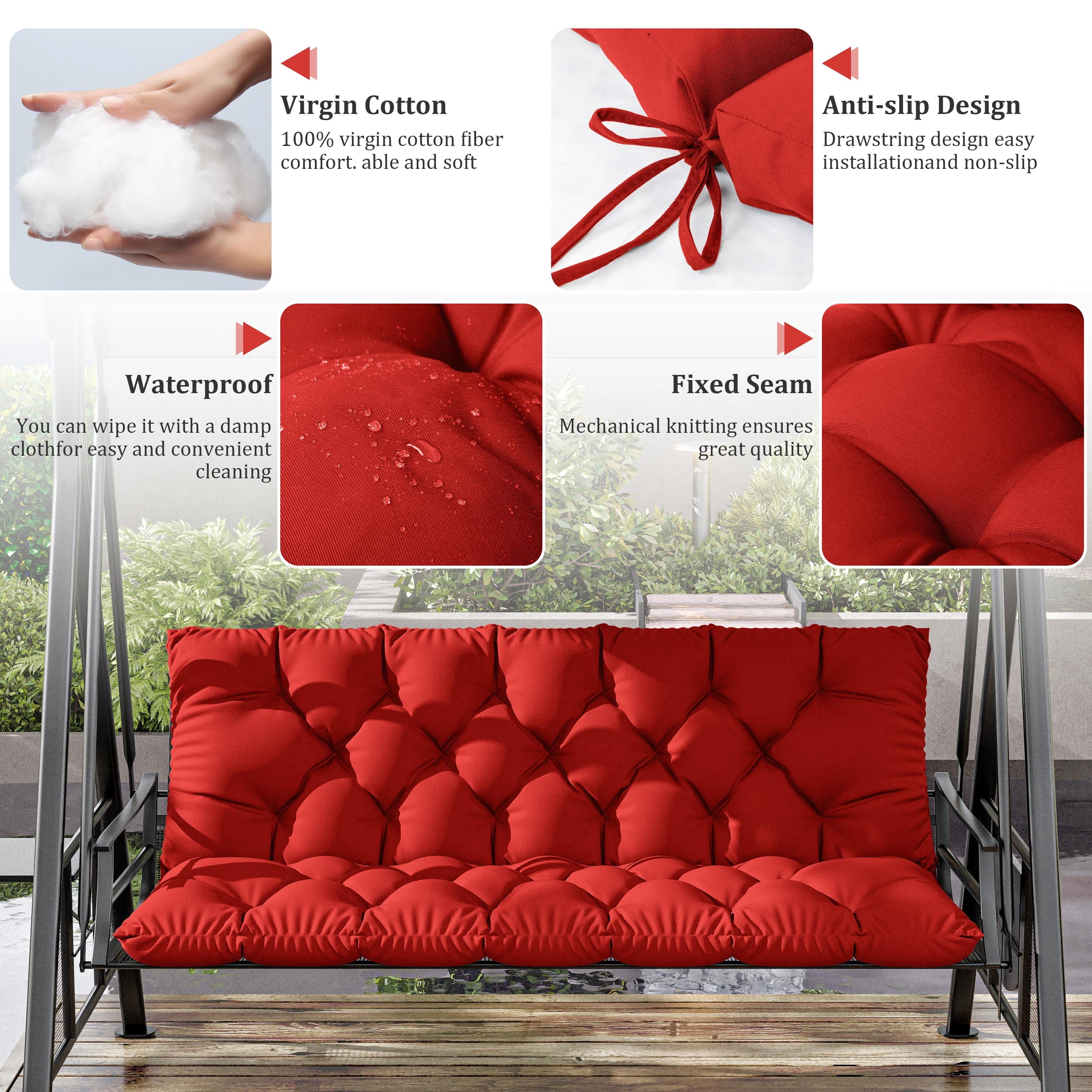 Kimunuk Outdoor Porch Swing Cushion, 60" X 40" X 5" Waterproof Bench Chair Replacement Cushion with 6 Ties for Patio, Red