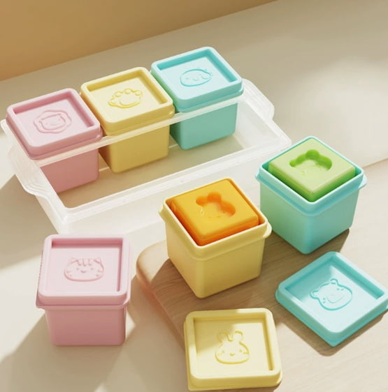 1 piece - Silicone 6-compartment baby food container, food freezer, snack box with lid, ice tray mold