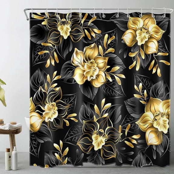 Vintage Gold Floral Shower Curtain Elegant Gold Flower With Black Leaf Fabric Shower Curtain Modern Dark Botanical Bathroom Shower Curtain Decor With Hooks 54"W x 72"L