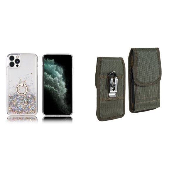 Waterfall Liquid Glitter Stand Case and Belt Holster Pouch for iPhone 14 Pro (Silver/Green)