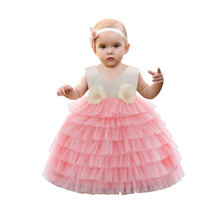 

HBYJLZYG Sleeveless Puffy Dress Kids Girls Ruffled Princess Dress Ruched Neck Bridesmaid Pageant Gown Birthday Party Wedding Dress 0-4 Years
