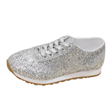 Womens Wide Width Sneakers Women s Fashion Sequins Casual Lace Up Sport Shoes Sneakers Glitter Breathable Bling Ladies Running Shoes Female Womens Sneakers Shoes(Silver 6.5)