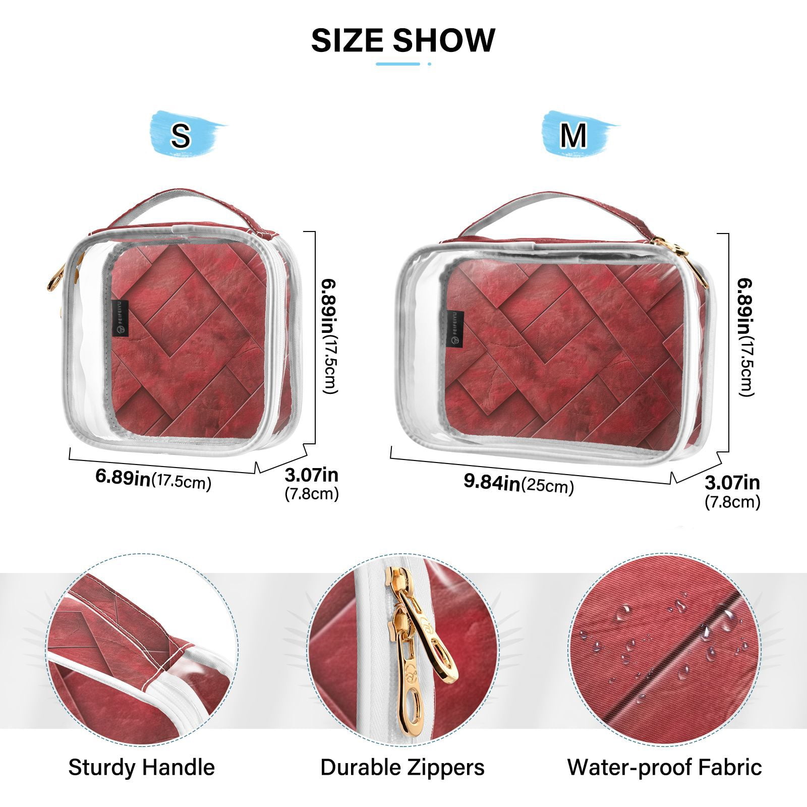 Clear Makeup Bags with Handle Large Opening 2 Pack Set Toiletry Bag Quart Size Bag, for Women Man Traveling Travel Essentials, Toiletries and Other. Red Leather Pattern Mix