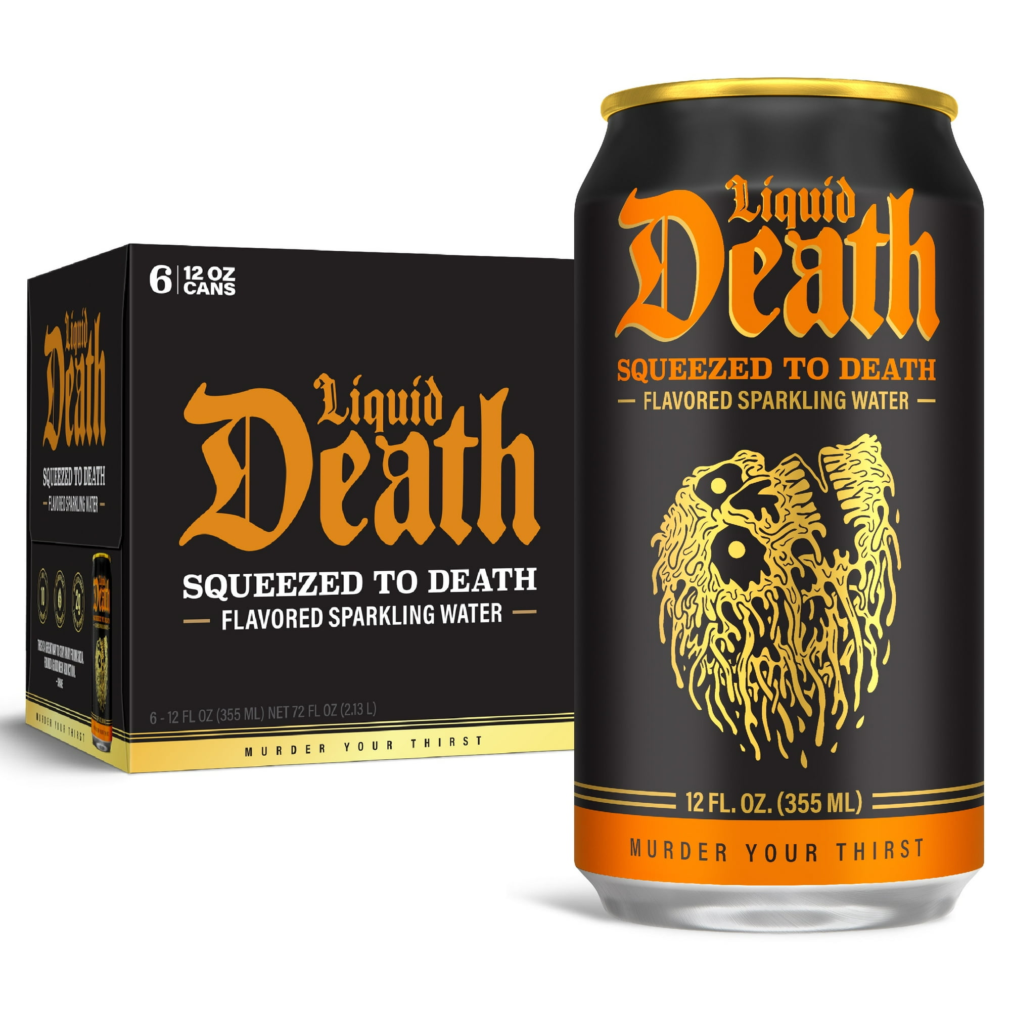 Liquid Death, Squeezed to Death, Orange-Flavored Sparkling Water, 6-Pack (12 fl oz Cans), Low Sugar, Huge Flavor and No Artificial Sweeteners