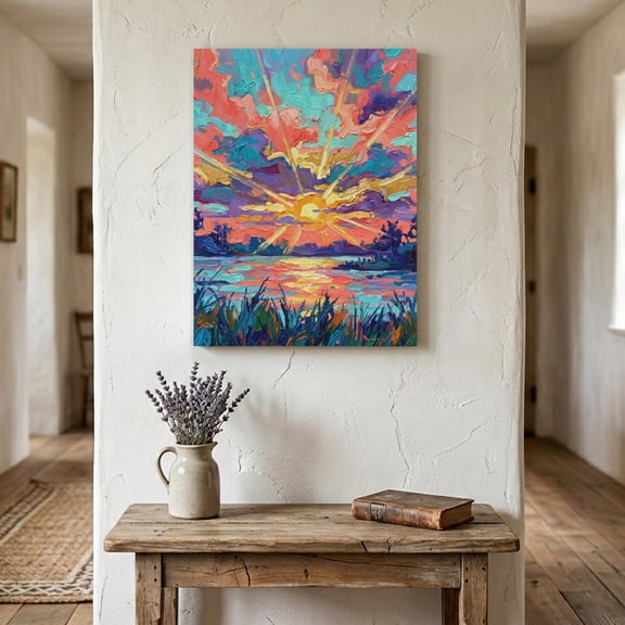 Sunset Lake Canvas Wall Art for Living Room Bedroom Bathroom, Vintage Rustic Gold Purple Blue Sun Rays Oil Painting Texture Canvas Art Wall Decor, Artwork for Walls Home Office Decor, 8"x10"