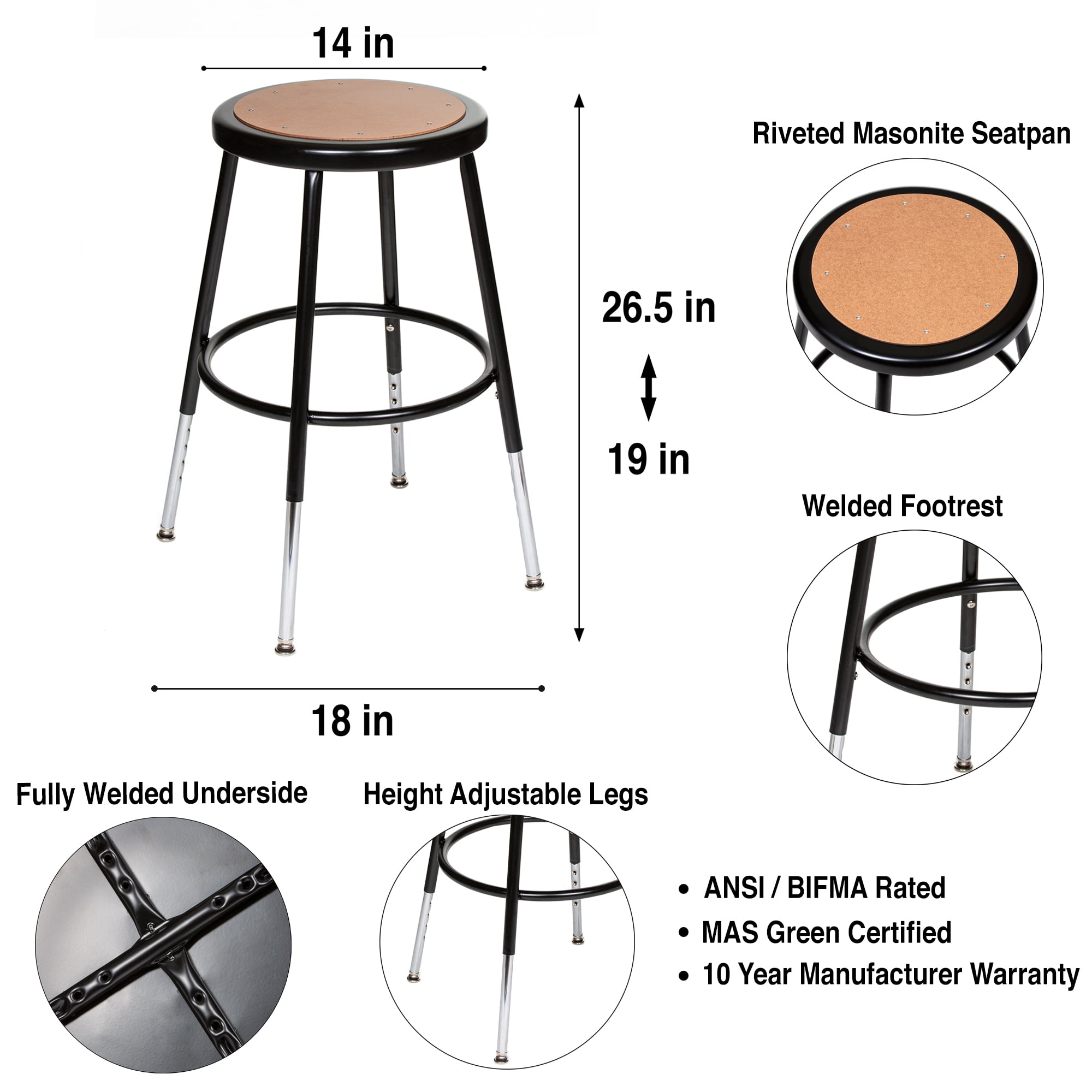 Hampden Furnishings Flynn Collection 19"-27" Adjustable  Masonite/Steel Stool, Black, 2 Pack