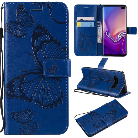 S10 Plus Case, Samsung Galaxy S10 Plus Case - Allytech Premium Wallet PU Leather with Fashion Embossed Floral Butterfly Magnetic Clasp Card Holders Flip Cover with Hand Strap, Blue