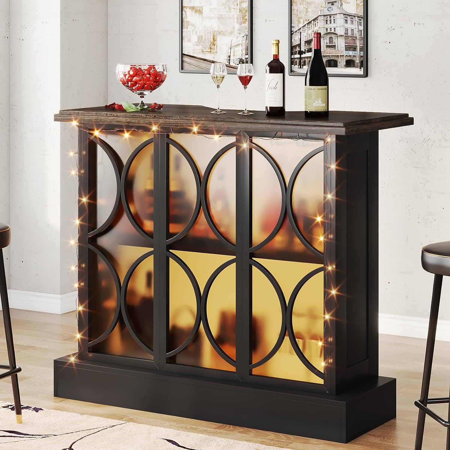 Home Bar Unit, Industrial Liquor Bar Table with Storage and Glasses