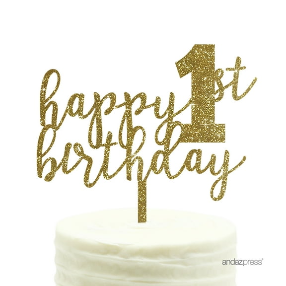 Gold Glitter Happy 1st Birthday Script Acrylic Cake Topper