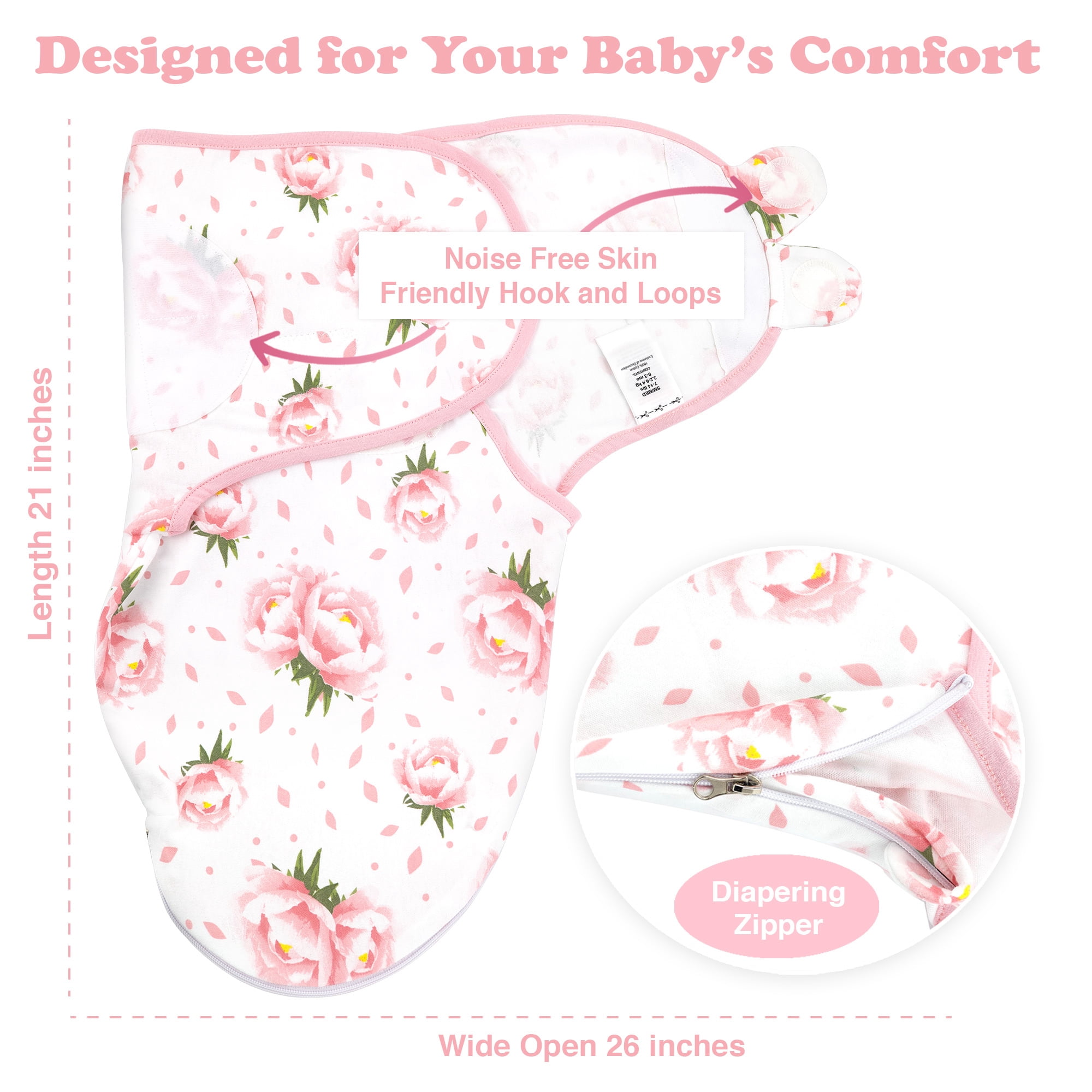 Bublo Baby Swaddle Blanket Boy Girl, 3 Pack Large Size Newborn Swaddles 0-3 Month, Infant Zipper Swaddling Sleep Sack, Floral