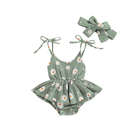 

LisenraIn 2Pcs Newborn Baby Girls Print Outfits Tie-up U Neck Strap Bodysuit Headband Summer Clothing Sets