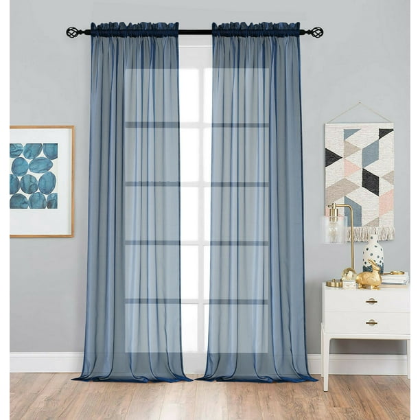 Basic Home Rod Pocket Sheer Voile Window Curtains Navy Blue, 84 in. Long