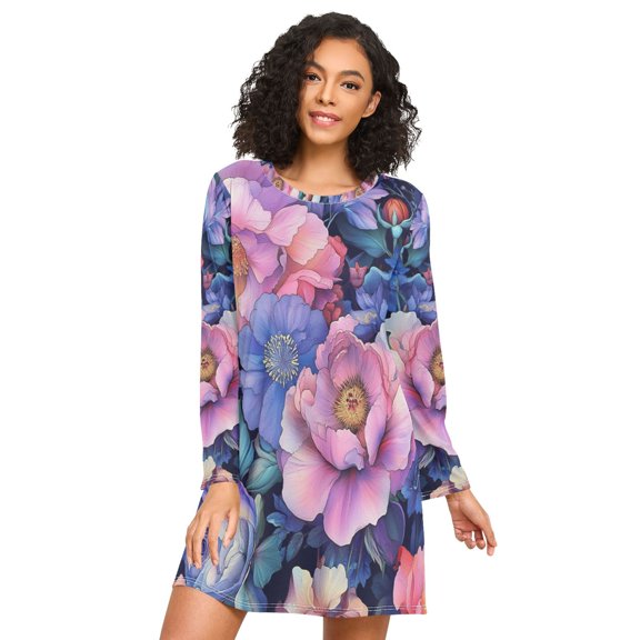 FORMRS Womens Long Sleeve Nightgowns Crew Neck Sleep Shirt Soft Pajamas Sizes S-3XL, Colorful Art Flowers