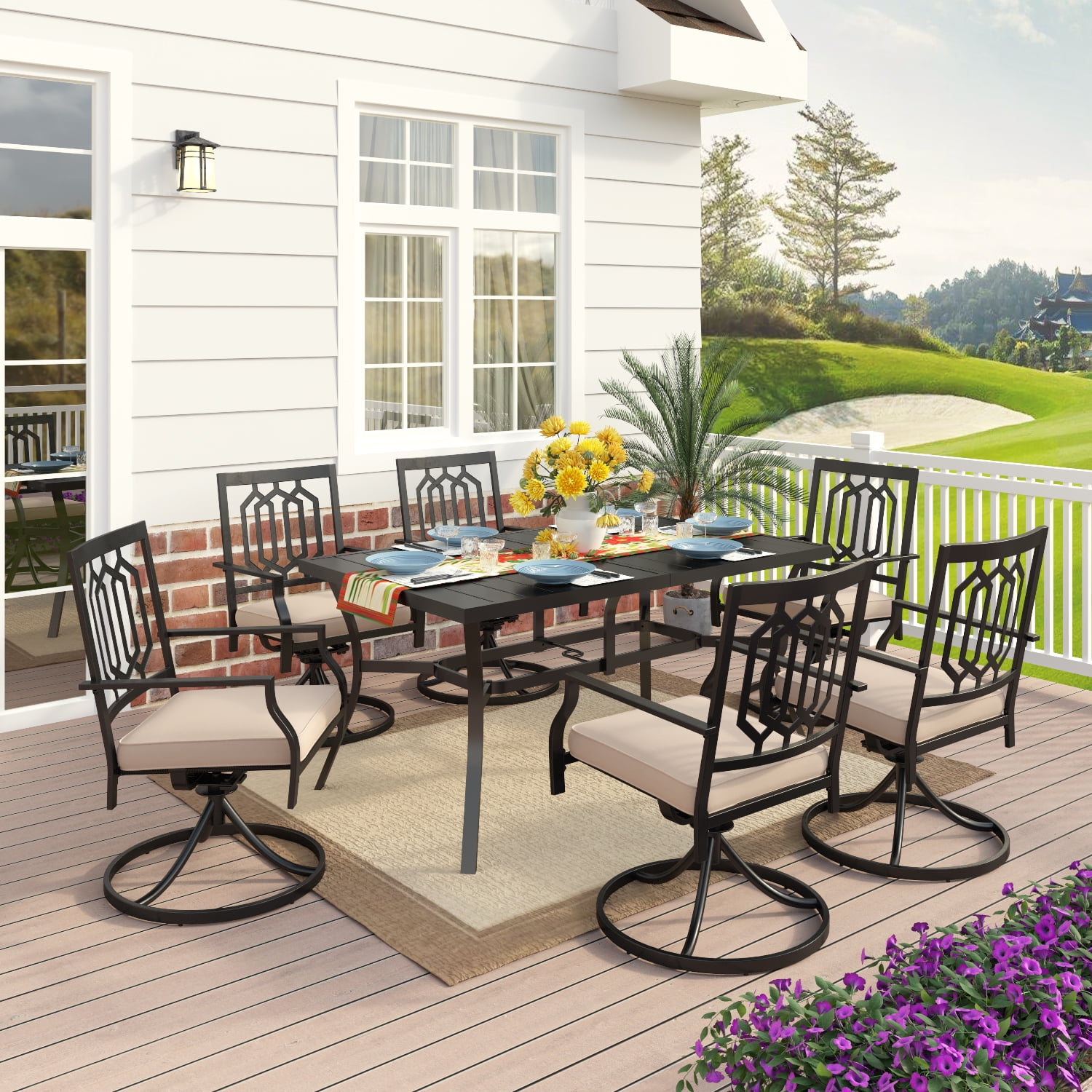 MF Studio 7 Piece Outdoor Patio Dining Set with Padded Swivel&Rocking Chairs and Rectangle Table with Umbrella Hole, 6 Seats for Dinner& Party, Beige Cushion