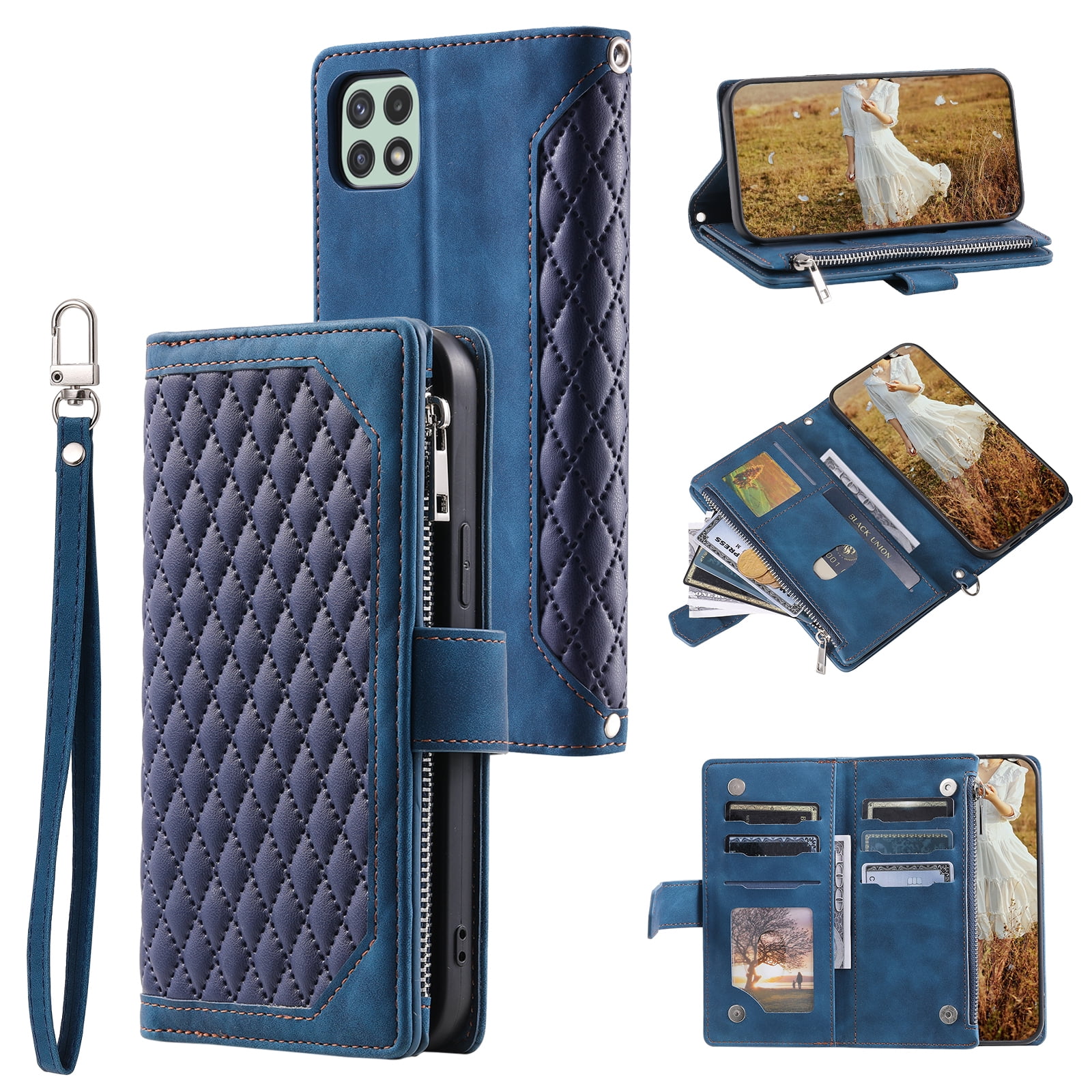 Wallet Case for Samsung Galaxy A12 5G (6.5 Inch) with Kickstand Card Slots Wrist Strap Case, Magnetic Shockproof Flip Phone Cover for Samsung Galaxy A12 5G,Blue